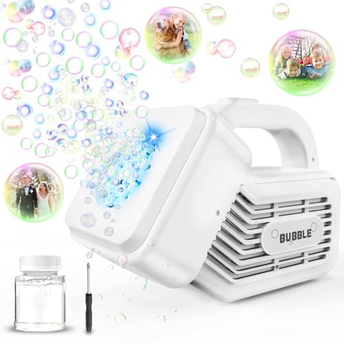 Bärbar bubbelmaskin för barn, automatisk bubbelmaskin 10 000+ bubblor/min med bubbellösning/ljus, bubbelmaskin för barn utomhusbröllop/fester