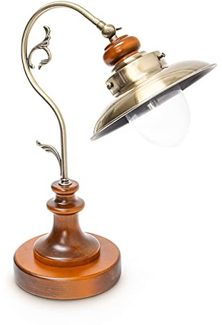 Relaxdays Tischlampe Steampunk Design, Tischleuchte Jugendstil im Vintage Look, Nachttischlampe E27 Fassung Holz und Eisen in Messing-Optik mit Glas, braun