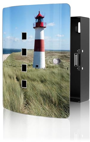 banjado Design Schlüsselkasten aus Edelstahl für 10 Schlüssel - Schlüsselschrank zur Schlüssel Aufbewahrung 24 x 21,5 x 7cm groß mit praktischem Magnetverschluss - Motiv Leuchtturm