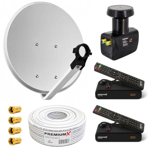 PremiumX Satelliten-Komplettanlage für 2 Teilnehmer 60cm Satellitenschüssel Twin LNB 25m Antennenkabel 2X TV Sat-Receiver FullHD