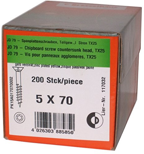 Torx Spanplattenschrauben 5,0 x 70 mm, Dresselhaus JD79, I-Stern, 200 Stk/Paket