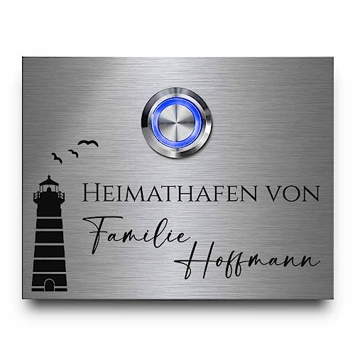 Türklingel Hoffmann - ab 9x7 cm | gravierte Edelstahl Klingelplatte für die Haustür - witterungsbeständige Gravur mit Wunschtext und Motiven - optionales Zubehör und Beleuchtung