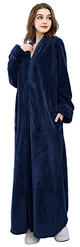 Hellomamma Dammorgonrockar varm plysch vinterrock, dragkedja lång fleece badrockar kvinna, dragkedja badrockar för kvinnor, marinblå, XL