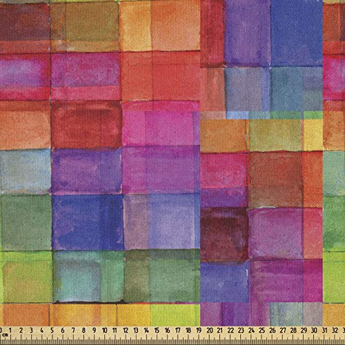 ABAKUHAUS Abstrakt Stoff als Meterware, Regenbogen-Farben-Quadrate, Microfaser Multi Zweck Dekostoff für Kunsthandwerke, 3M (230x300cm),Rosa Rot