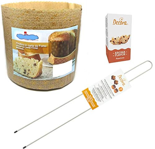 Kit - set Stampo PANETTONE 1kg Alto - 5 pezzi + Aroma PANETTONE + SPILLONE in acciao INOX 62cm - Pirottino monouso in carta da Forno 1000gr - per Dolci Natalizi, Gastronomico, Pan brioche, Pan dolce