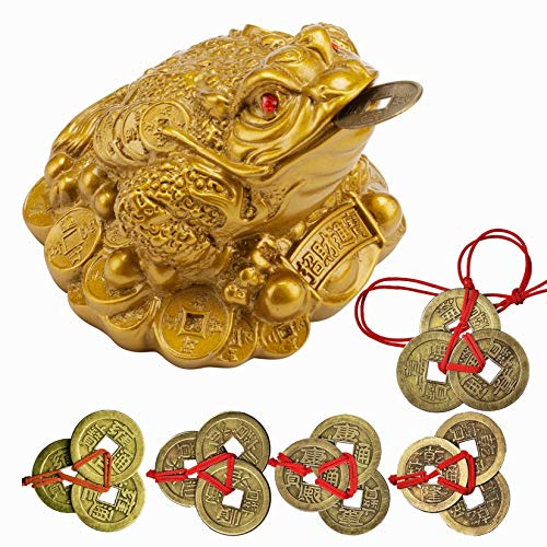 Lucky Money Frog- Feng Shui Toad and 5 Sets Chinese Feng Shui Coins Fortune Coin I-ching Coins with Red String Chinese Charm for Prosperity Home Decoration Gift