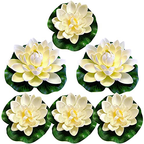 Niaciswe Künstliche Seerosen Schwimmend 6 Stück 10 cm, 17 cm Weiße Seerosen mit Grünen Blättern, EVA, Winterhart, Dekoration für Aquarium, Garten, Pool, Teich, Hochzeit, Realistisch, Kunstpflanze