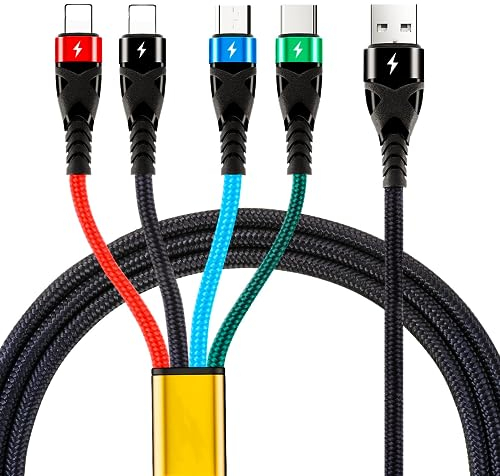 SDBAUX 3A Câble de Charge Multi Chargeurs 4 en 1, 1.2M Tressé Câble USB Universel avec Connecteurs 2*Phone/Micro USB/Type C, pour iOS Téléphones, Android Galaxy, LG, Moto, Sony, Huawei, Xiaomi, PS4