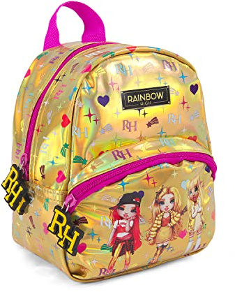 PERLETTI Mochila Escolar Niña Rainbow High con Bolsillo Frontal - Mini Mochila con Estampado Ruby Poppy Sunny Multicolor Ligera - Bolso Pequeño Viaje Tiempo Libre para Niñas Oro Lila - 21x17x12cm