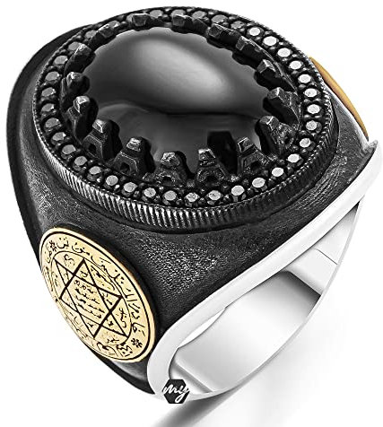 Massives 925 Sterling Silber Siegel des Salomon Design Onyx Stein Herren Ring Metall Onyx, 925er-Sterlingsilber, Metall, Onyx