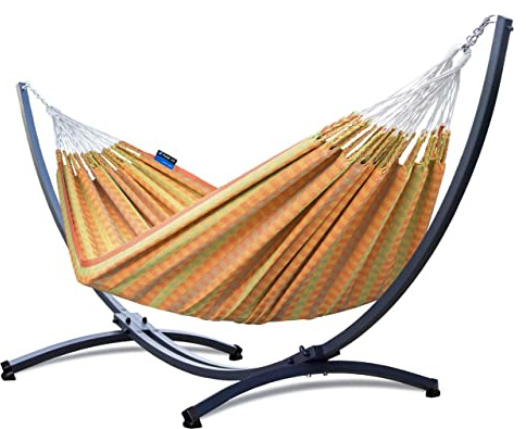 Potenza Outdoor Hängematte mit Gestell für 2 Personen I Morena - 100% Baumwolle Doppelhängematte 230x160 cm, 220kg I Hängemattengestell 220kg, wetterfest (Orange, Basic Gestell Graphit)