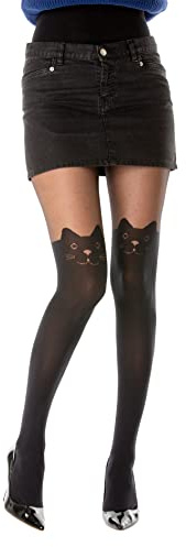 Gi&Gi Damen Strumpfhosen mit Herz-Muster, Schwarz, Transparente Nylonstrumpfhose, Mock Over-Knee Design, Elegante (DE/NL/SE/PL, Alphanumerisch, S, M, Regular, Regular, schwarz mit Katzendesign)