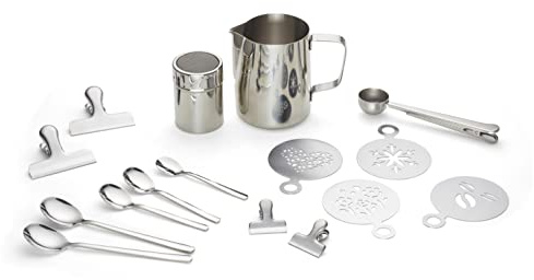 ECHTWERK Kaffeezubehör Set aus Edelstahl Silber – Milchschaumkännchen 600 ml mit Präzisionsausguss, Latte Art Schablonen, Macchiato Löffel & Kaffeemesslöffel –Barista Set für Zuhause & als Geschenk