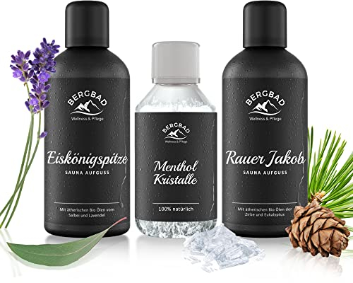 BERGBAD 2 x 100ml STRESSFREI Set BIO Saunaaufguss + Mentholkristalle - wohltuendes, erfrischend s Sauna Aufgussmittel mit Bio-Alkohol, Wasser und 100% BIO Ölen + Eiskristalle/Saunakristalle