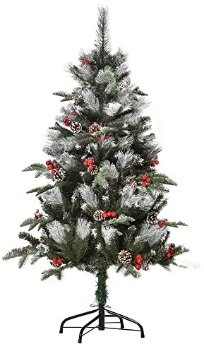 HOMCOM Árbol de Navidad Artificial 120 cm con 266 Ramas 27 Piñas Verde | 27 Bayas, Hojas de Plástico PE, Base de Soporte Plegable Metálica, Decoración Navideña, para Interiores