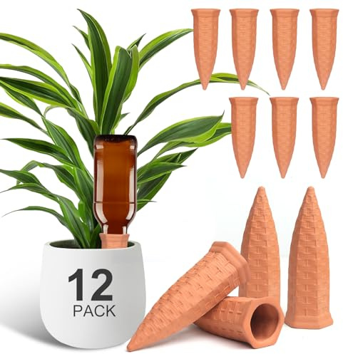 Baxrou Plant Self Watering Stakes 12 Pack Terracotta Watering Spikes for Indoor and Outdoor Plants,Wine Bottle Plant Watering Devices, Automatic Plant Waterers for Vacation