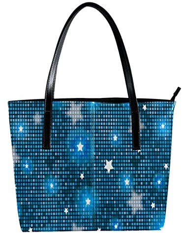 Schultertasche, leicht, lässig, Schultasche, Lehrertasche, Handtasche, Geldbörse, glänzende Sterne, blau, geometrisches quadratisches Muster, Mehrfarbig