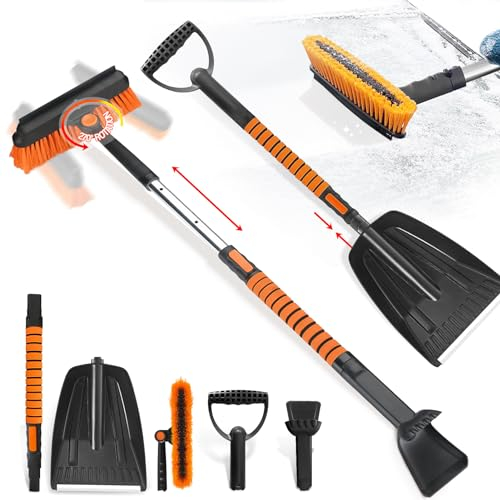 ALNILK Rascador de hielo para coche con escoba, pala de nieve: 4 en 1, cepillo de limpieza para coche, rascador de nieve extraíble con mango de espuma, para coche, parabrisas, ventanas, SUV, camión