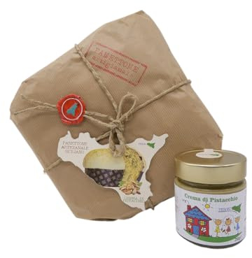 Tesori Di Sicilia Panettone Artigianale al Pistacchio con Crema 200g Pistacchio, incartato a mano, Panettone a lievitazione Naturale con Lievito Madre 1Kg, Idea regalo Natale