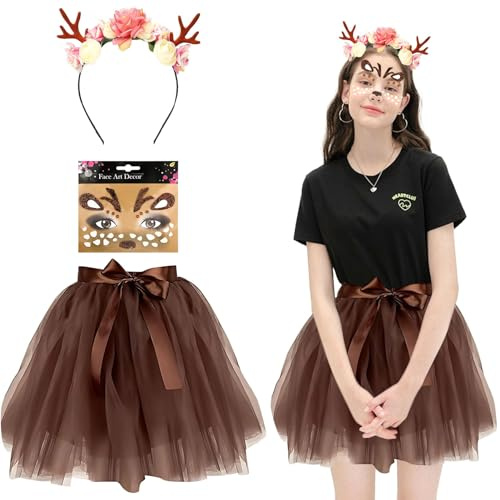 Hpbaggy Damen Geweih Kostüm,Rentier Kostüm Damen | Haarreif Rentier+Tüllrock Tutu Rock+Rentier Gesicht Tattoos,Reh Kostüm Zubehör für Fasching Karneval Halloween Geburtstag