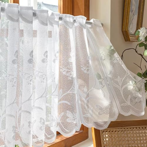 Lsimeru Spitzegardinen Landhaus Kurz Schmetterling Botanische Scheibengardine Bistrogardine Spitze Vintage Kurzstores Gardinen Scheibenvorhang Kurzvorhang Küche Weiß,250x45cm
