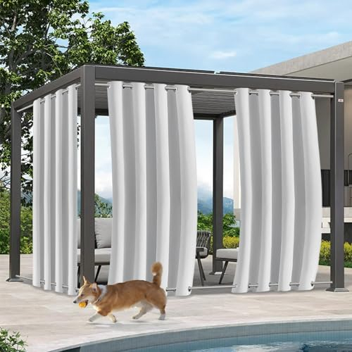 Qelus Outdoor Vorhang Wetterfest mit Ösen Oben und Unten, 2er Set B132xH213CM Outdoorvorhänge, Wasserdicht Sonnenschutz Sichtschutz für Balkon Veranda Pergola Gartenlaube (Grauweiß)