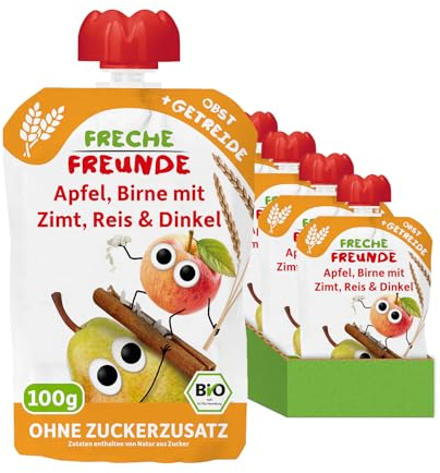 FRECHE FREUNDE Bio Quetschie Apfel, Birne mit Zimt, Reis & Dinkel, Fruchtmus mit Getreide im Quetschbeutel für Babys ab dem 6. Monat, vegan, 6er Pack (6 x 100g)
