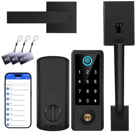 Fingerprint Door Lock with Handle Sets, BEBASIA Keyless Entry Door Lock, Bluetooth Front Handle Set, Smart Deadbolt, Electronic Keypad Digital Lock with Handle, Black
