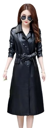 Hgvcfcv Trench-manteaux longs en cuir véritable pour femmes, manteaux à manches longues à lacets pour femmes, vêtements d'extérieur en peau de mouton, Noir , XXL