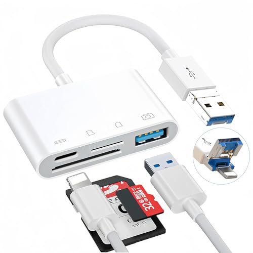 Lector de tarjetas SD 4 en 2 para iPhone/iPad, Lightning + conector USB A a lector de tarjetas SD/TF adaptador con puerto de carga, lector de tarjetas de memoria para Micro SDXC, Micro SDHC, SDXC,
