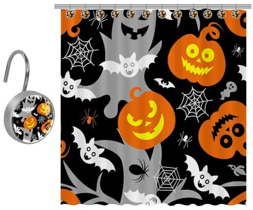 VAPOKF Tenda da doccia con stampe di Halloween, zucca, pipistrello, fantasma, ragno, tenda da doccia in poliestere con 12 ganci in acciaio inossidabile, tenda da doccia rustica per bagno in fattoria