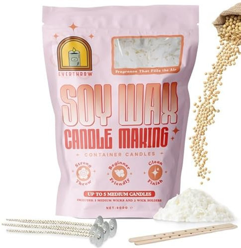Everthrow Soy Wax for Candle Making - Premium 100% Natural EU Grown SOYA, Easy to Use Candle Wax for Making Candles with Strong Throw & a Smooth Melt, 5 Wicks & 2 Holders Included (0.9, Kilograms)