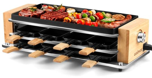 CUSIMAX Raclette Grill mit Rillenpfanne & flacher Pfanne, Steuerung Partygrill für 8 Personen, Antihaftbeschichtung Grillplatte, Stufenlos Regulierbare Temperatur, 8 Mini Pfännchen und Holzspatel