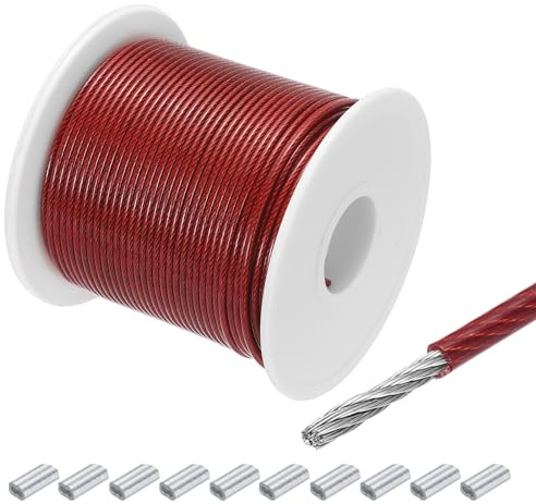 QUARKZMAN 50 m x 1,5 mm (164 Ft x 1/16 tum) vajer metallisk kabel 304 rostfritt stål, dragstång med 10 st aluminiumhylsor för upphängning av klädhängning, röd