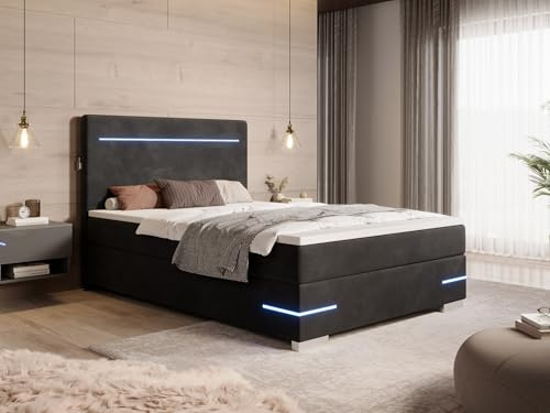 wonello Portland Boxspringbett 90x200 mit LED Beleuchtung und 2X USB Anschluss - gemütliches LED Bett 90 x 200 cm mit Matratze H3 und Topper - beleuchtet - Stoff schwarz