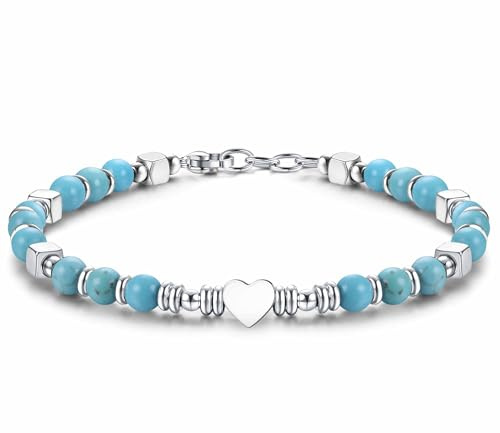 CASSIECA Bracciale Donna Acciaio Bracciali Perline Pietra Naturale Bracciale Cuore Acciaio Inox Bracciale Regolabile Bracciale Blu Turchese Regalo Donna Compleanno Natale con Confezione