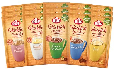 RUF Glücklichmacher Tassenpudding Probierpaket, 15 Portionsbeutel in den Sorten Vanille, Schokolade, Grieß, Café Caramel und Schoko Nuss, nur heißes Wasser hinzufügen