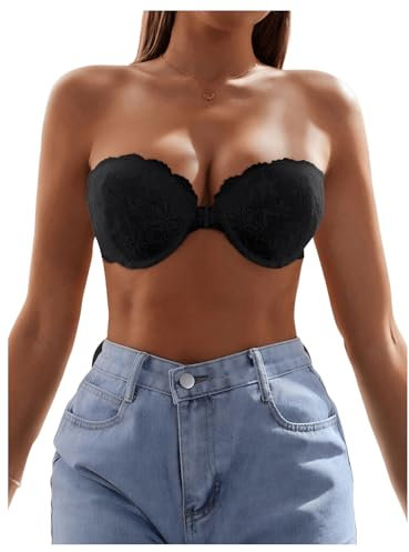 GORGLITTER Women's Strapless Underwire Front Fastening Bras Scalloped Lace Bandeau Bras Black 34A