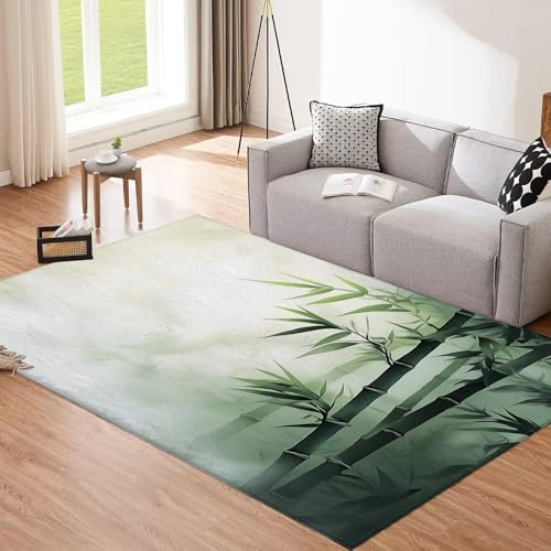 CEDNXOER Pflanze Bambus Teppich Groß,Einfache Pflege Kurzflor Waschmaschinenfest Weiß Teppich, 140×200cm Nebel Druck Bodendekoration Teppiche FüR Wohnzimmer
