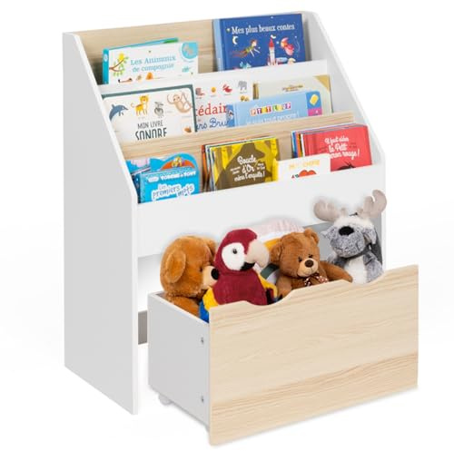 IDMarket - Kinder Bücherregal MANA 3 Regale und 1 Behälter auf Rollen weiß und Buche | Mit 3 Einlegeböden und 1 Fach auf Rollen