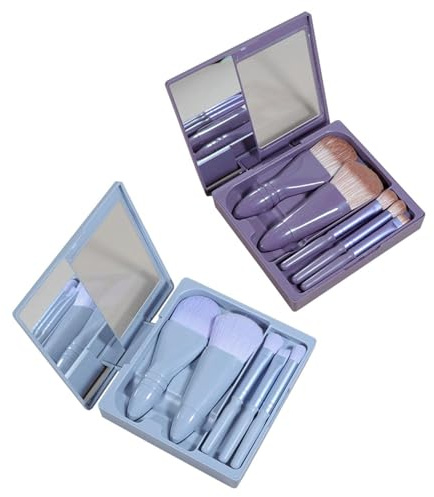 Set Di Pennelli Per Trucco Da 2 Scatole, Set Di Pennelli Per Mini Trucco, Set Di Pennelli Per Trucco Da Viaggio, Set Di Pennelli Per Trucco Con Specchio Incorporato (Viola + Blu)