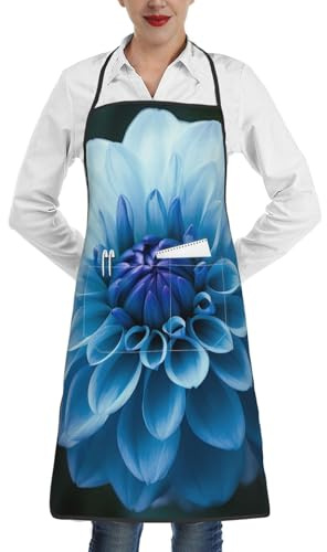 LHDGBWC Delantal impermeable para hombres y mujeres, delantal de chef, delantal ajustable con bolsillos, delantal de cocina con flores de dalia azul, delantal de cocina para cocina, hornear, barbacoa