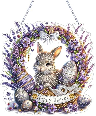 FUFRE Diamond Painting Ostern, DIY Diamond Painting Kinder, 2025 Neu Osteranhänger Diamond Painting, 5D Ostereier Diamond Painting Deko, Osterdeko zum Aufhängen, für DIY Ostern Kunst Handwerk (D)