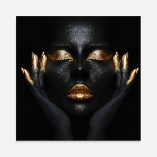 ARTHUB® Glasbild 60x60 cm, 4mm ESG | Moderne Wandbilder aus Glas für Wohnzimmer & Schlafzimmer, Wanddekoration, Wohnkultur, Frauen, Fingertips Gold Makeup
