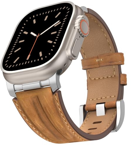 Bouixel Bracelet en cuir véritable grain supérieur, avec connecteur métallique, pour Apple Watch Ultra 3 (49 mm, 46 mm, 45 mm, 44 mm, 42 mm)/iWatch Ultra 2/1 Series 11, 10, 9, 8, 7, 6, 5, 4, 3 SE