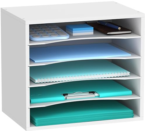 SUPEASY 5-Tier Papier Organizer für Schreibtisch, Holz Desktop Organizer mit justierbarem Lettry Tablett, Mail Sortier für Büro Schule für Zuhause, Weiß