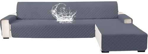 YSTELLAA 100% Wasserdicht Couch Überzug L Form 4 Sitzer, Sofa Cover L Shape Reversibel Universal, Gesteppte Sofa Überzug Ecksofa rutschfest, Couch Bezug Ecksofa Ratzfest Waschbar, Dunkelgrau
