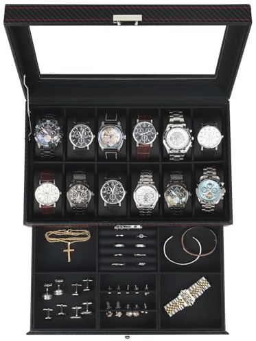Kukikan Watch Box Jewelry Organizer, 12-Slot 2-Layer Watch Case Storage with Large Glass Lid, Watch Storage Case for Men with Lock, Watch Holder Display Case, Gift for Men Women