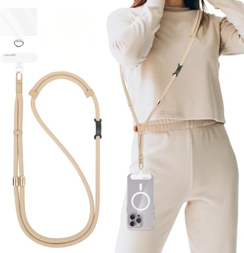 AULEEP 3-in-1 Cell Phone Lanyard with 2 Phone Tabs, Adjustable Anti Theft Phone Crossbody Strap/Wrist Strap/Neck Lanyard, Compatible with Most Smartphones, Hands-Free Work/Travel Essentials, Camel