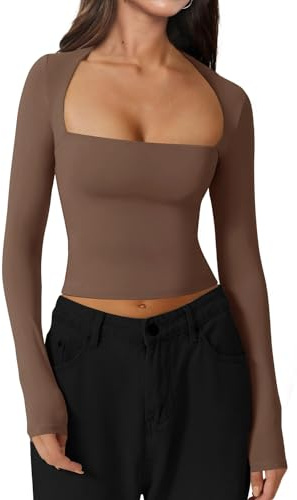 INFITTY Crop Tops for Women Basic Long Sleeve Y2k Tops Scoop Neck Slim Fitted T-Shirts